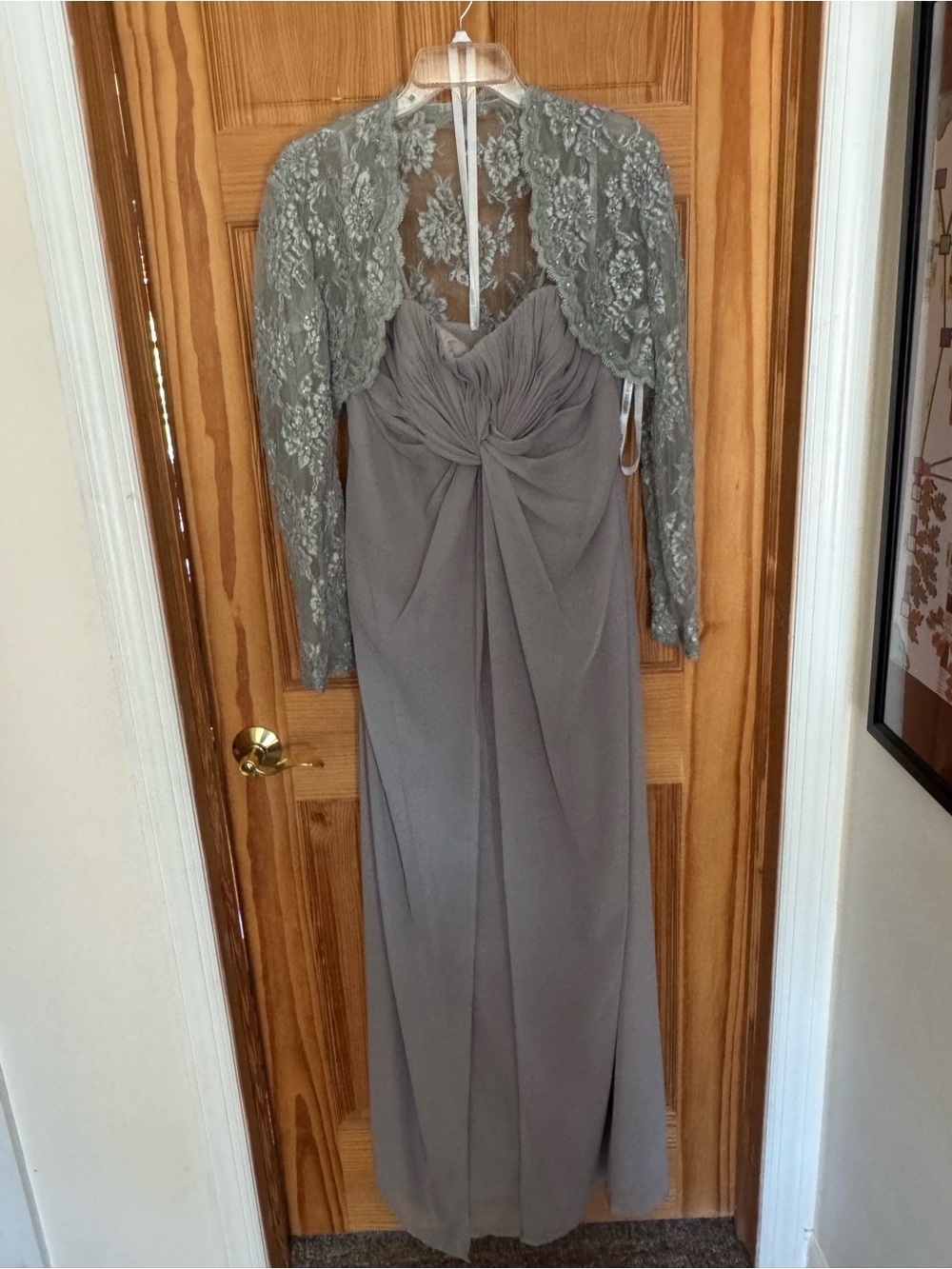 Gray Lace-Back Maxi Dress with Draped Bodice. Mother of Groom Dress worn once